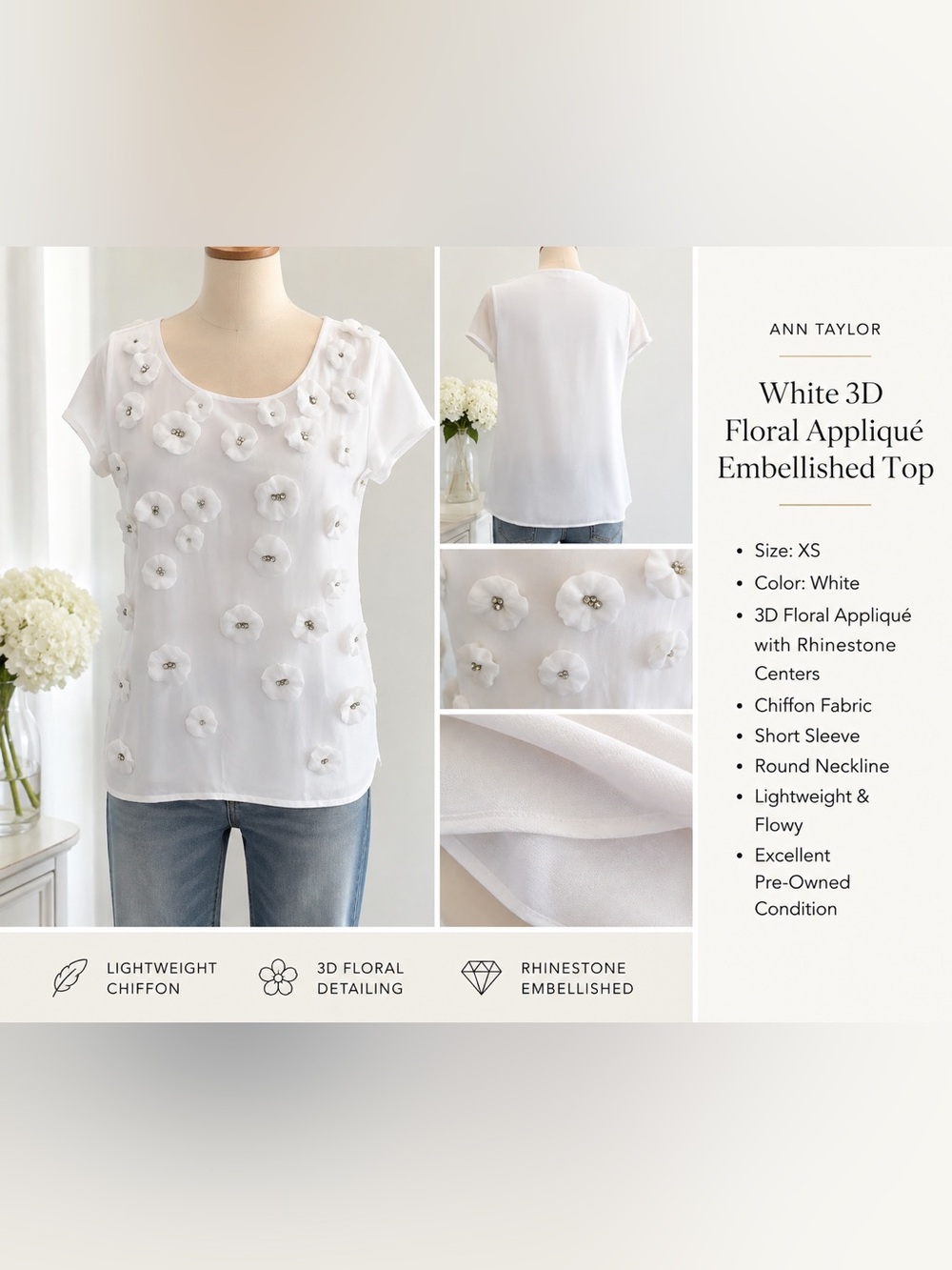 Ann Taylor White 3D Floral Appliqué Embellished Top XS